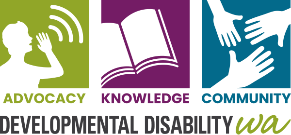 White rectangular logo for Developmental Disability WA. At the top are three coloured square icons: a green square labeled “ADVOCACY” with a person raising a hand and sound lines, a purple square labeled “KNOWLEDGE” with an open book, and a blue square labeled “COMMUNITY” with three hands reaching toward each other. Below the icons is the text “DEVELOPMENTAL DISABILITY WA,” with “WA” styled in green handwritten script.